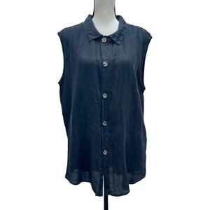 CP SHADES BLACK LINEN SLEEVELESS BUTTON DOWN COLLARED TOP